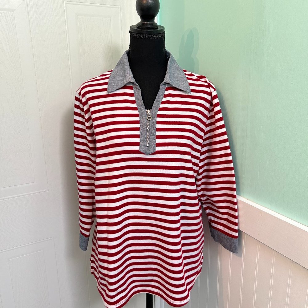 Cali and York Red and White Stripe Quarter Zip Pullover Top Sz L